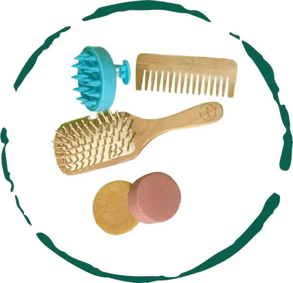 Hair Care Bundle. 5-Pack | Shampoo, Conditioner, Bamboo Comb, Woden Brush & Scalp Massager.